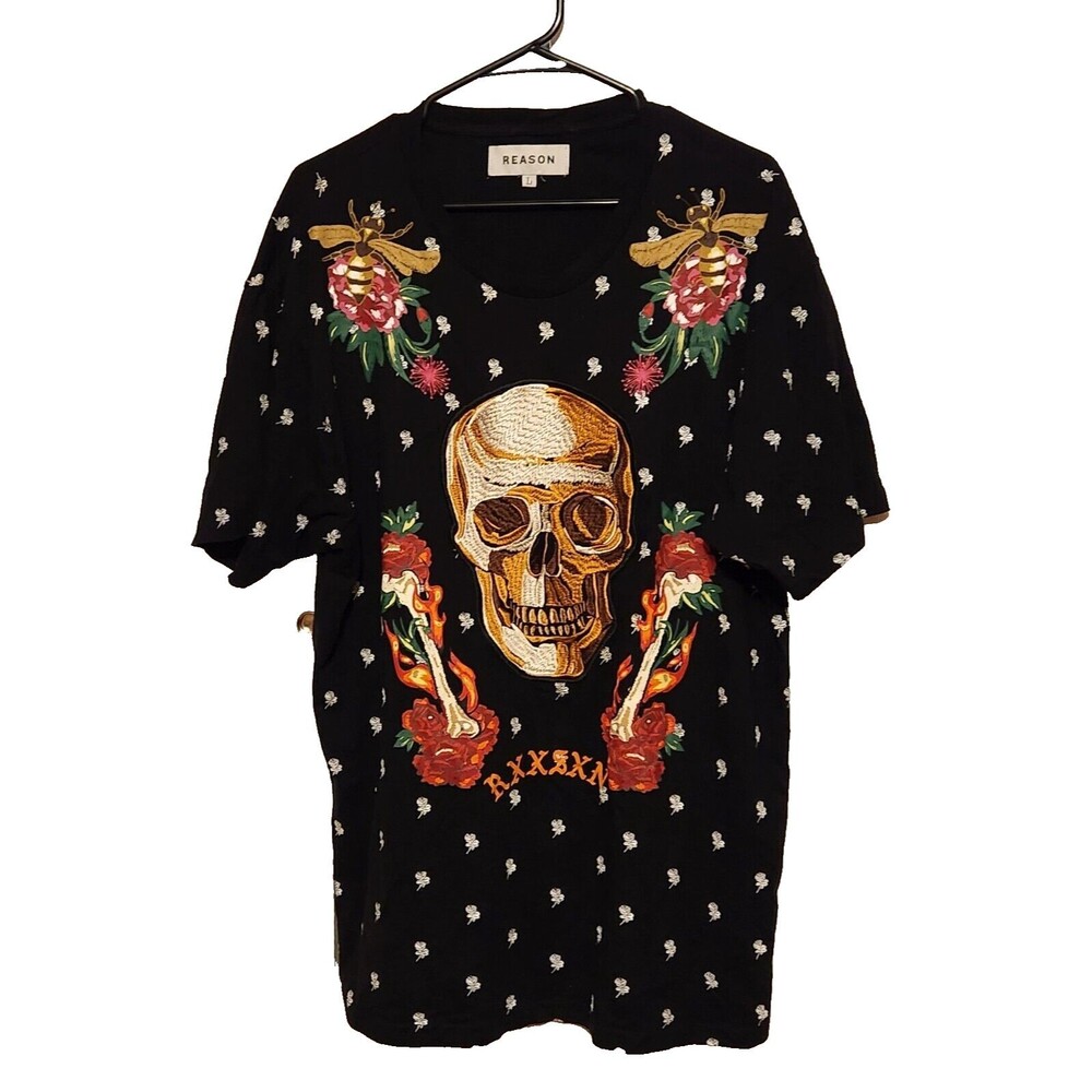Reason Fire & Roses T-Shirt Short Sleeve Black w/ Embroidered Skull Mens Large